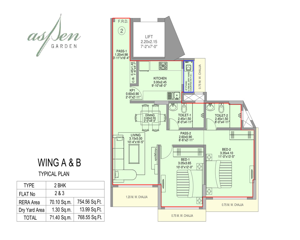 Aspen Garden 2BHK Plan Unit 2-3