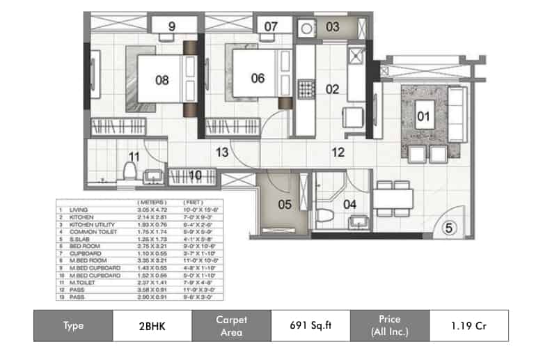 14 Rustomjee Urbania Azziano Thane Wing K 2BHK-691sqft