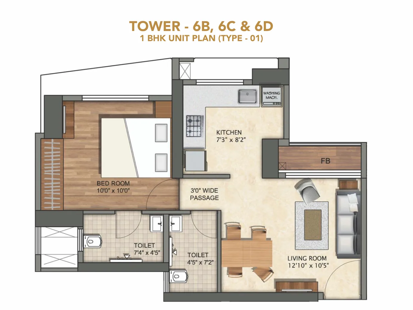 1 BHK Unit Plan - 6B, 6C, 6D
