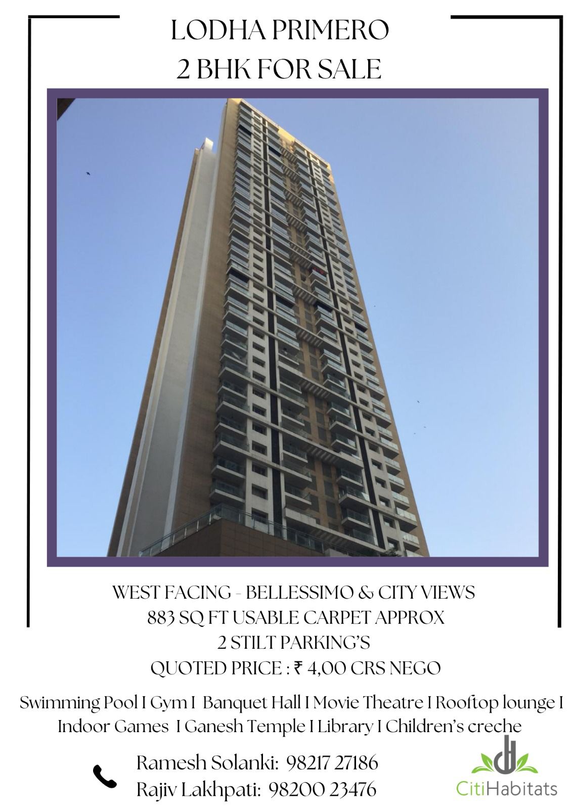 3 BHK + SR Semi-Furnished in Lodha Primero , Mahalaxmi